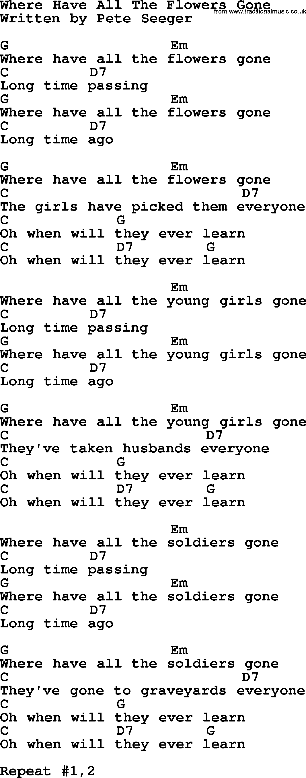 Top 1000 Most Popular Folk and Old-time Songs: Where Have All The Flowers Gone, lyrics and chords