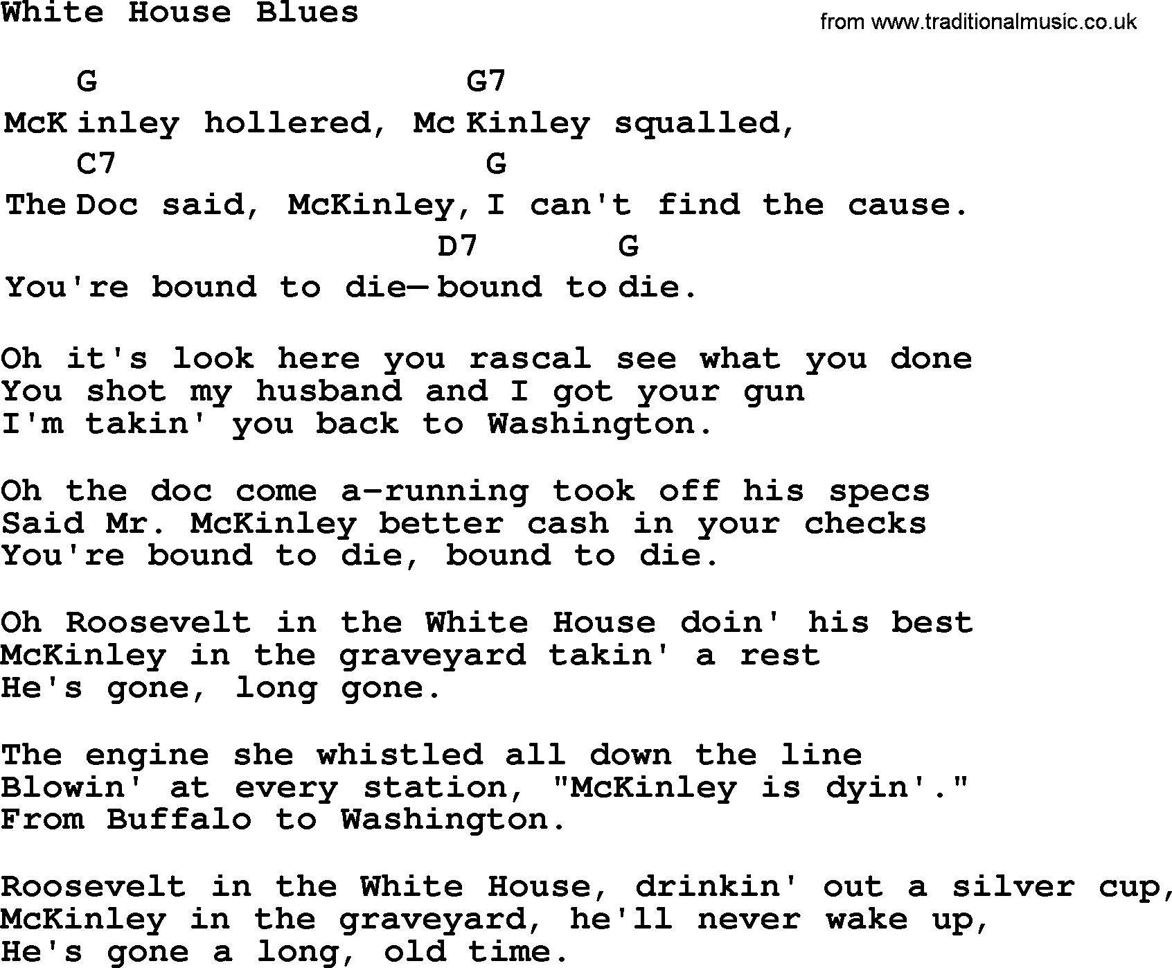 Top 1000 Most Popular Folk and Old-time Songs: White House Blues, lyrics and chords