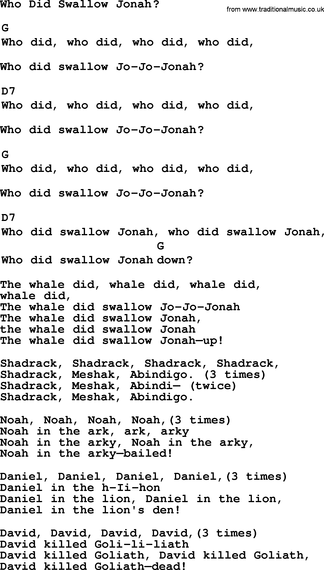 Top 1000 Most Popular Folk and Old-time Songs: Who Did Swallow Jonah, lyrics and chords