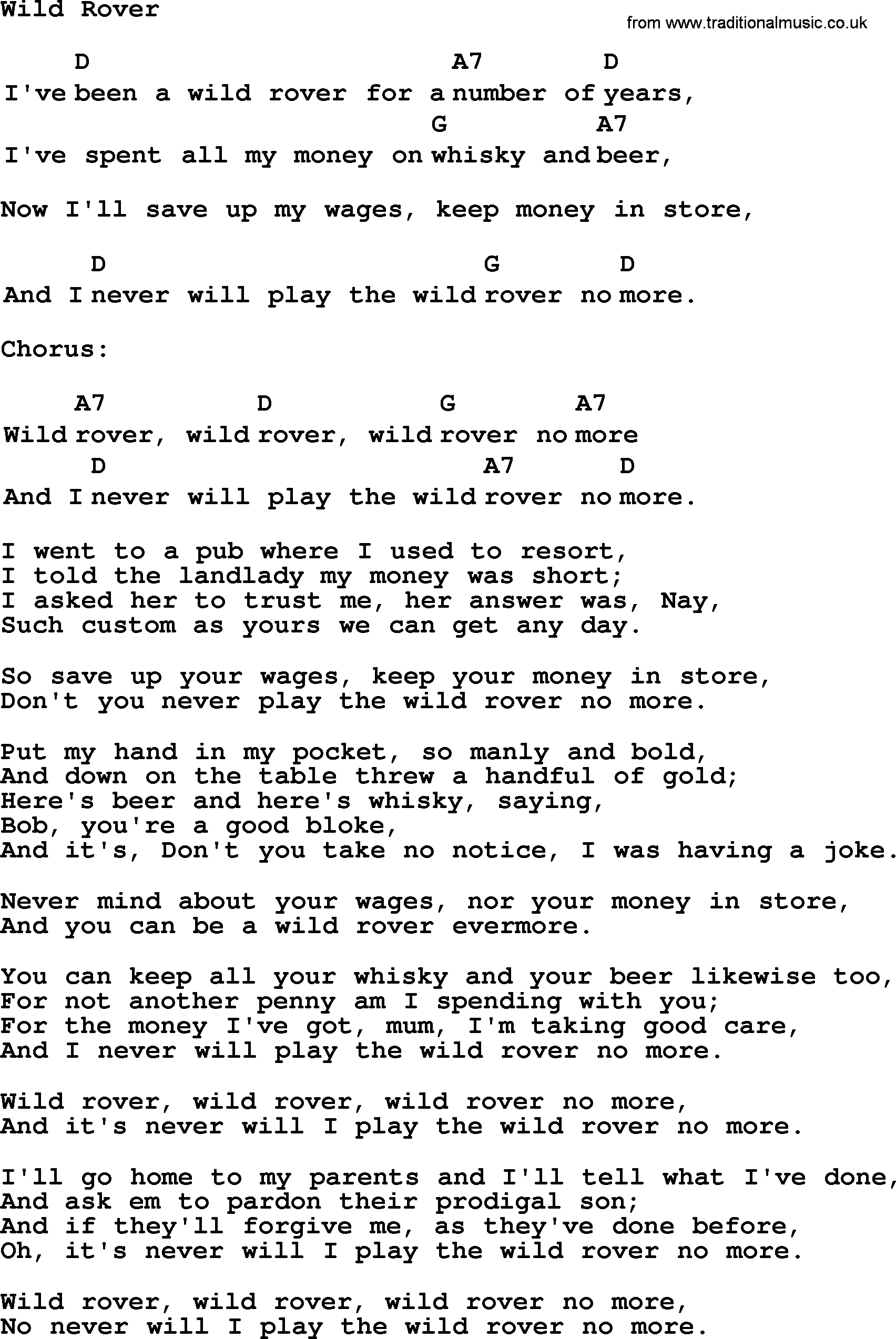 Top 1000 Most Popular Folk and Old-time Songs: Wild Rover, lyrics and chords