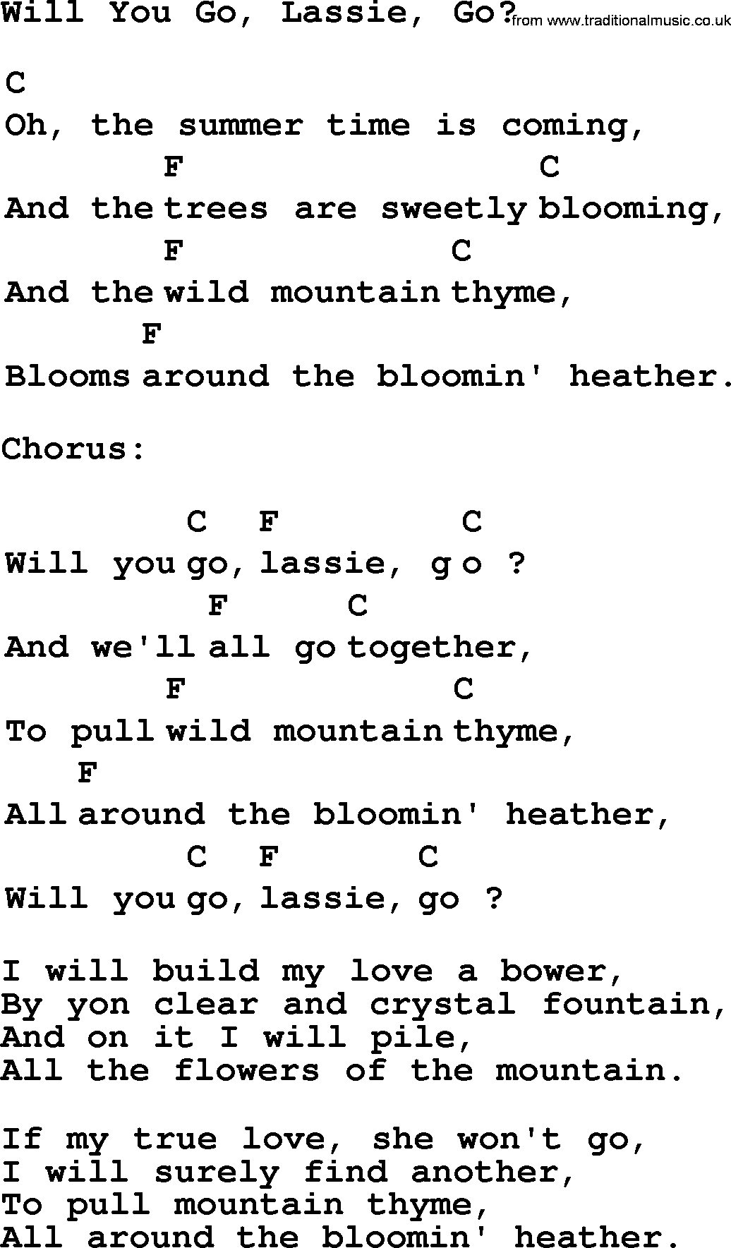 Top 1000 Most Popular Folk and Old-time Songs: Will You Go, Lassie, Go, lyrics and chords
