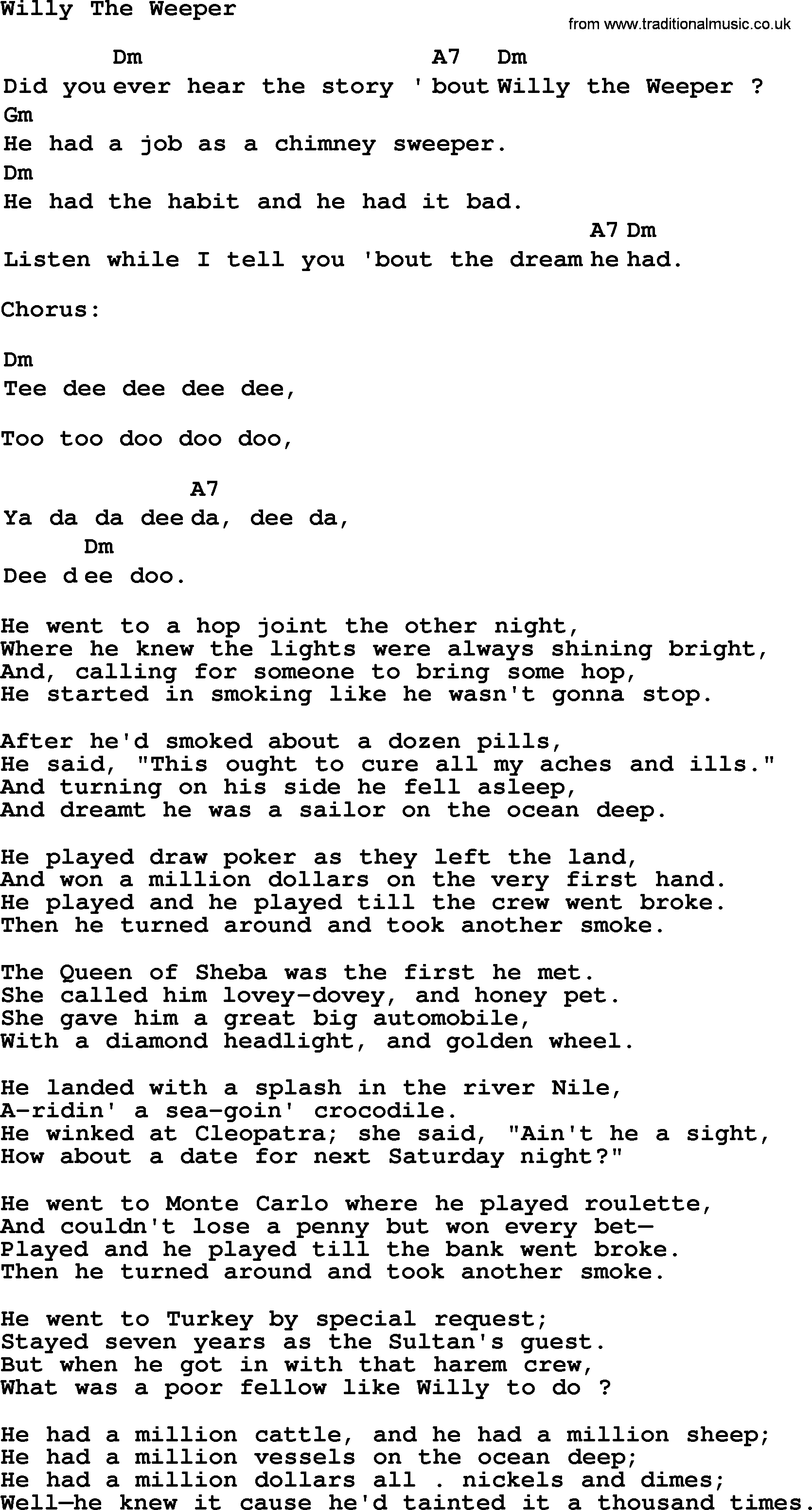 Top 1000 Most Popular Folk and Old-time Songs: Willy The Weeper, lyrics and chords