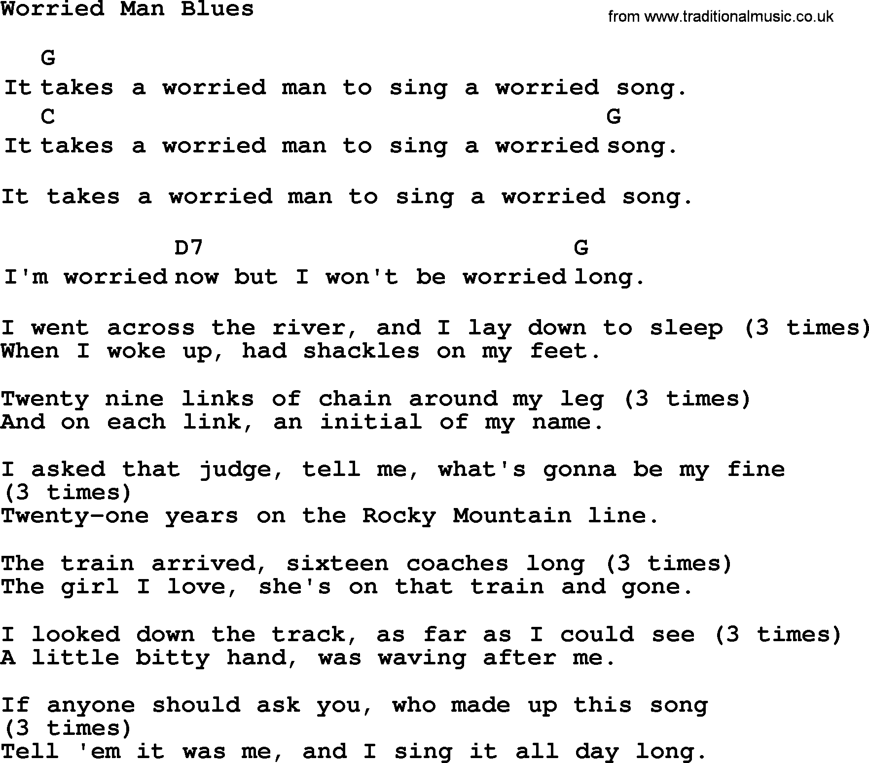 Top 1000 Most Popular Folk and Old-time Songs: Worried Man Blues, lyrics and chords