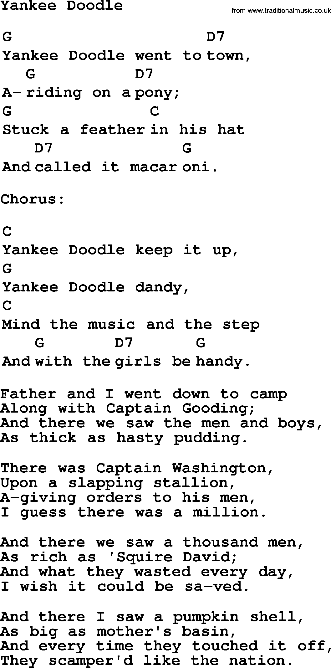 Top 1000 Most Popular Folk and Old-time Songs: Yankee Doodle, lyrics and chords