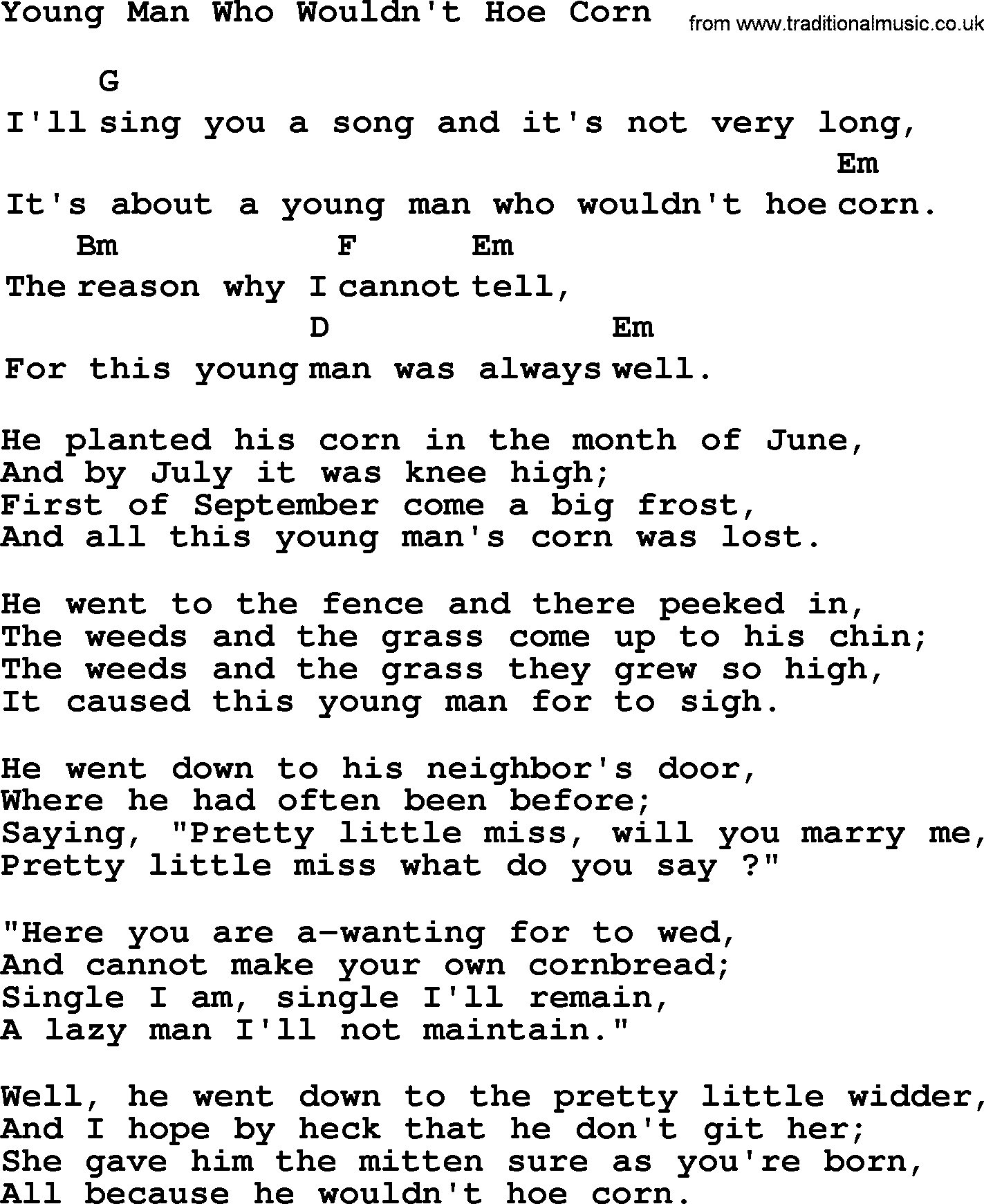 Top 1000 Most Popular Folk and Old-time Songs: Young Man Who Wouldnt Hoe Corn, lyrics and chords