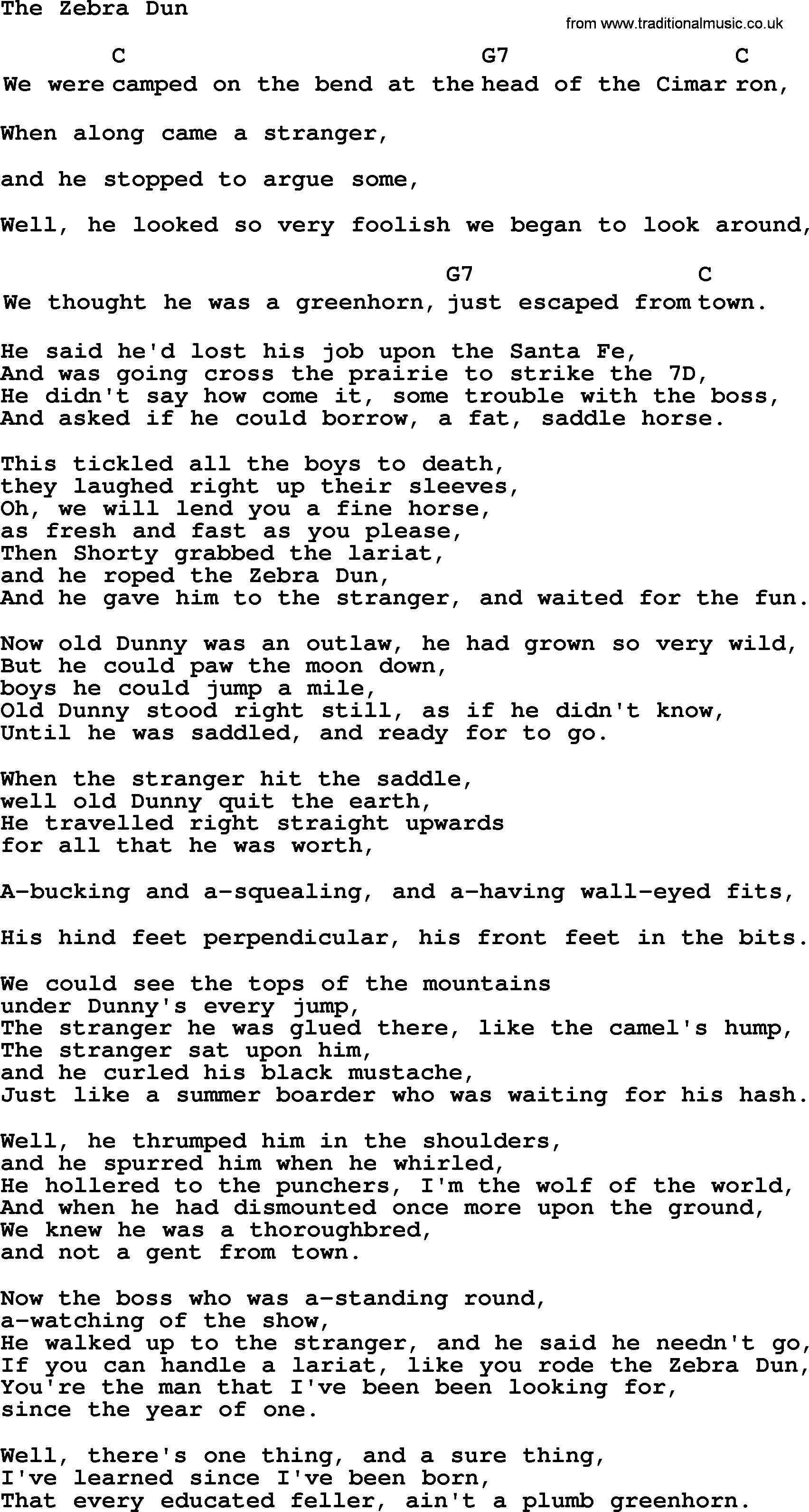 Top 1000 Most Popular Folk and Old-time Songs: Zebra Dun, lyrics and chords
