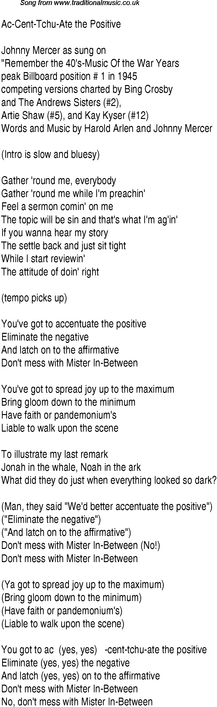 Music charts top songs 1945 - lyrics for Accentuate The Positive