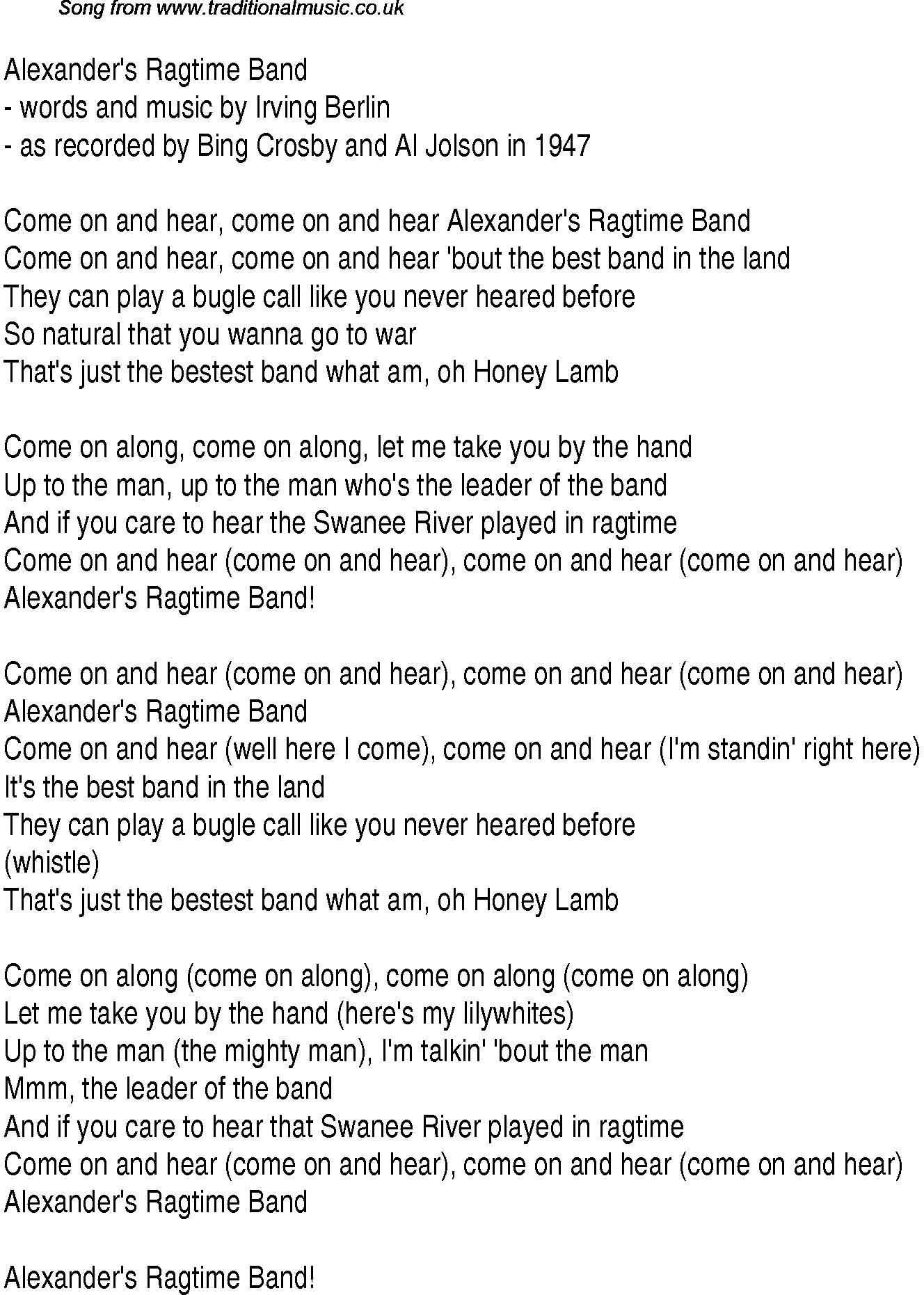 Music charts top songs 1938 - lyrics for Alexanders Ragtime Band