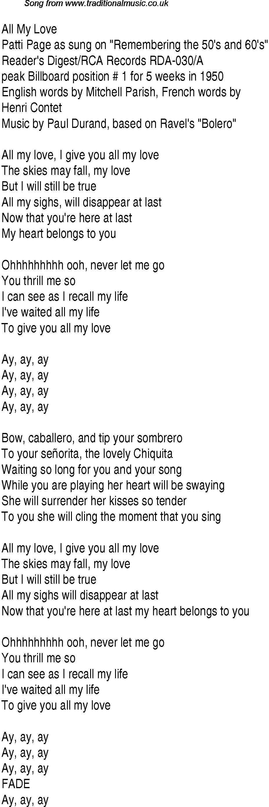 Music charts top songs 1948 - lyrics for All My Love