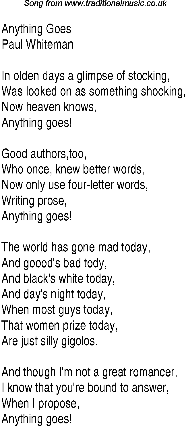 Music charts top songs 1934 - lyrics for Anything Goes