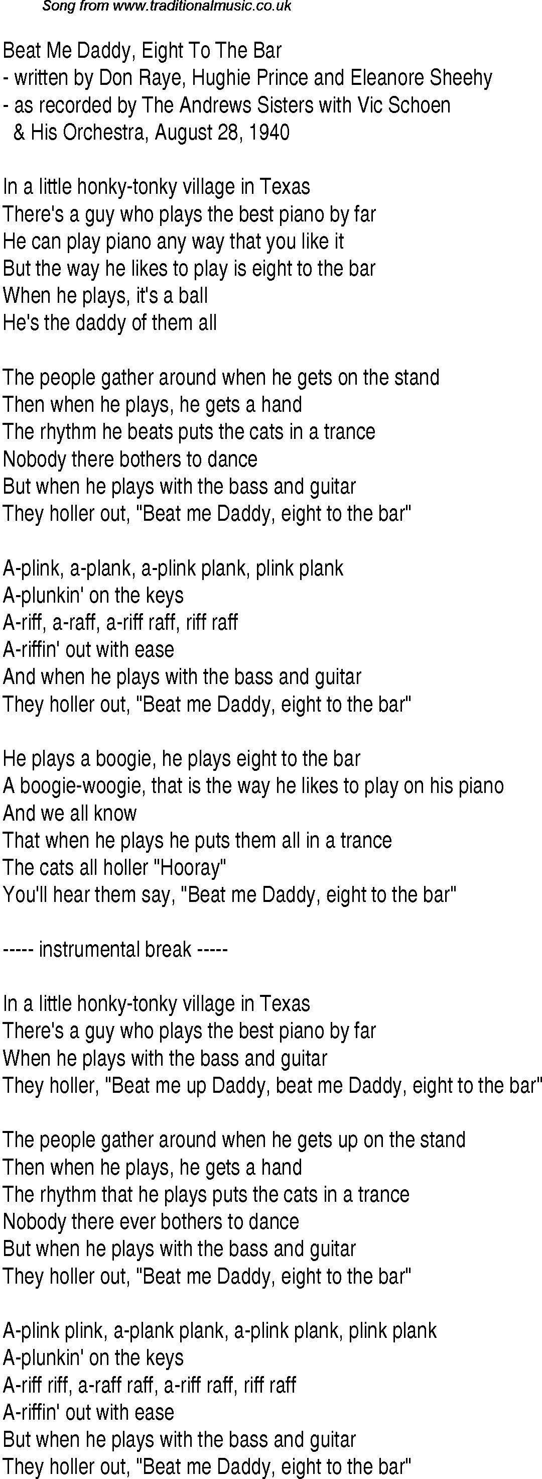 Music charts top songs 1941 - lyrics for Beat Me Daddy Eight To The Bar