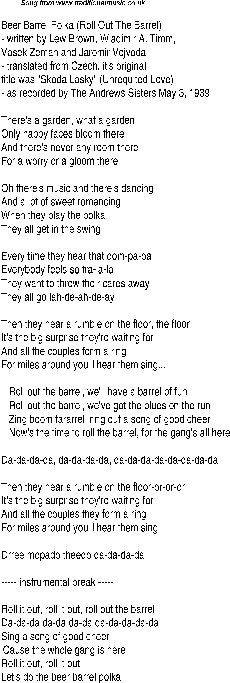 Music charts top songs 1939 - lyrics for Beer Barrel Polka