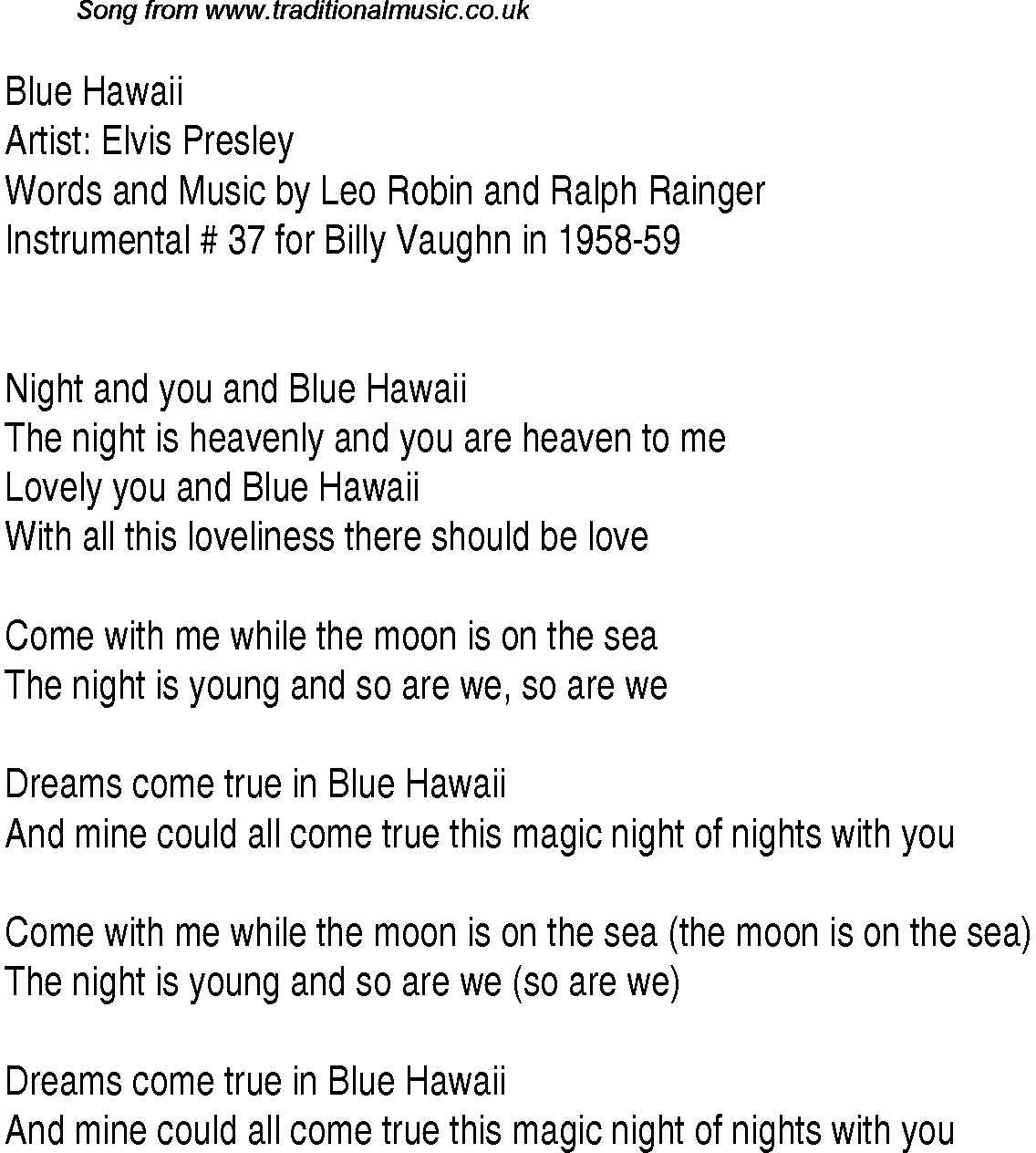 Music charts top songs 1937 - lyrics for Blue Hawaii