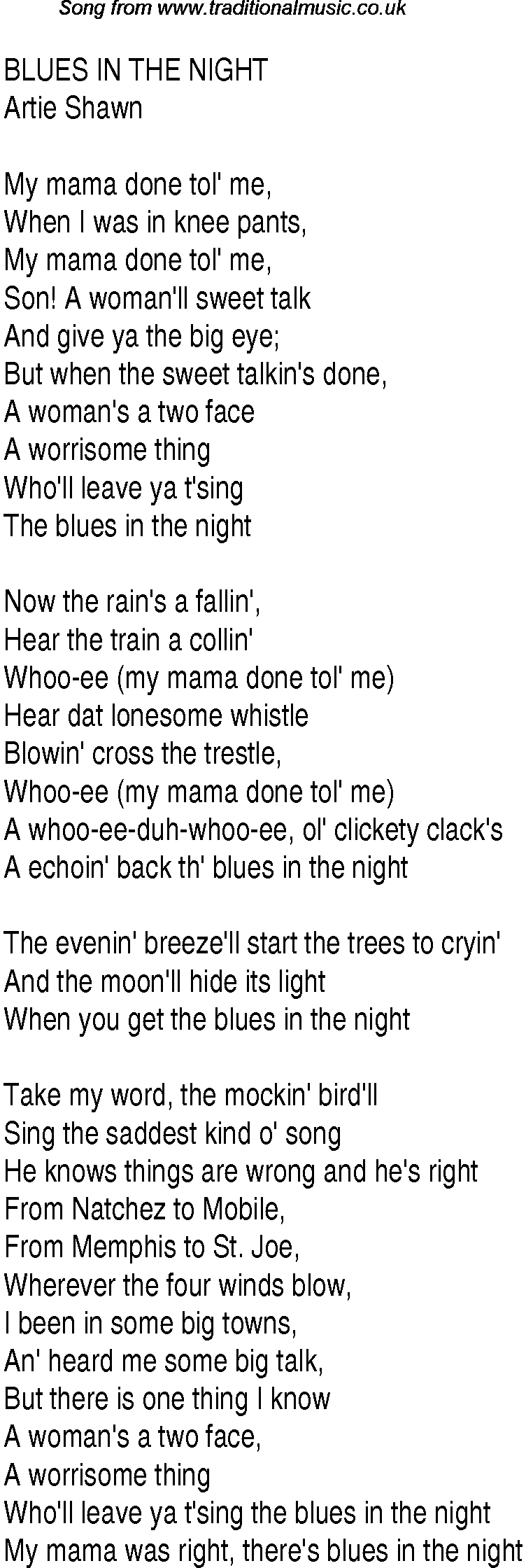 Music charts top songs 1941 - lyrics for Blues In The Nightas