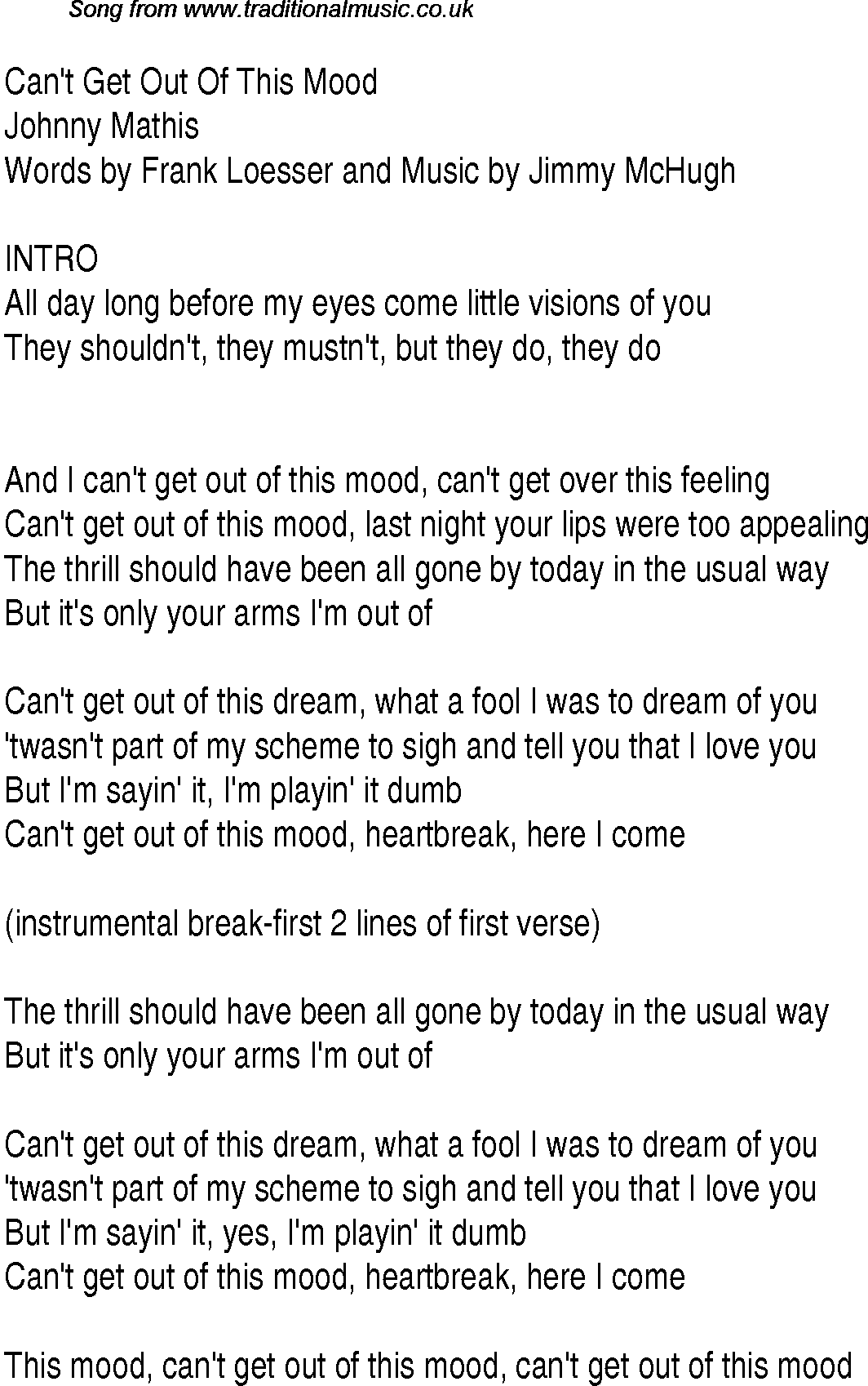 Music charts top songs 1943 - lyrics for Cant Get Out Of This Mood