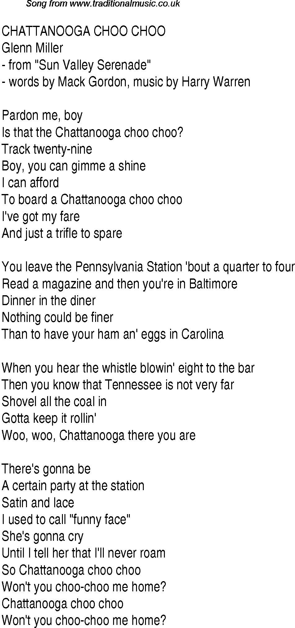Music charts top songs 1941 - lyrics for Chattanooga Choo Choo