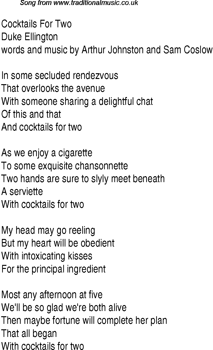 Music charts top songs 1934 - lyrics for Cocktails For Two