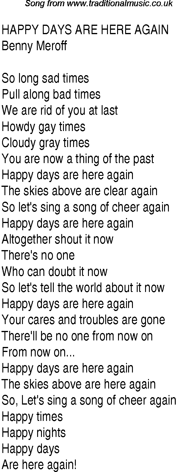Music charts top songs 1930 - lyrics for Happy Days Are Here Again