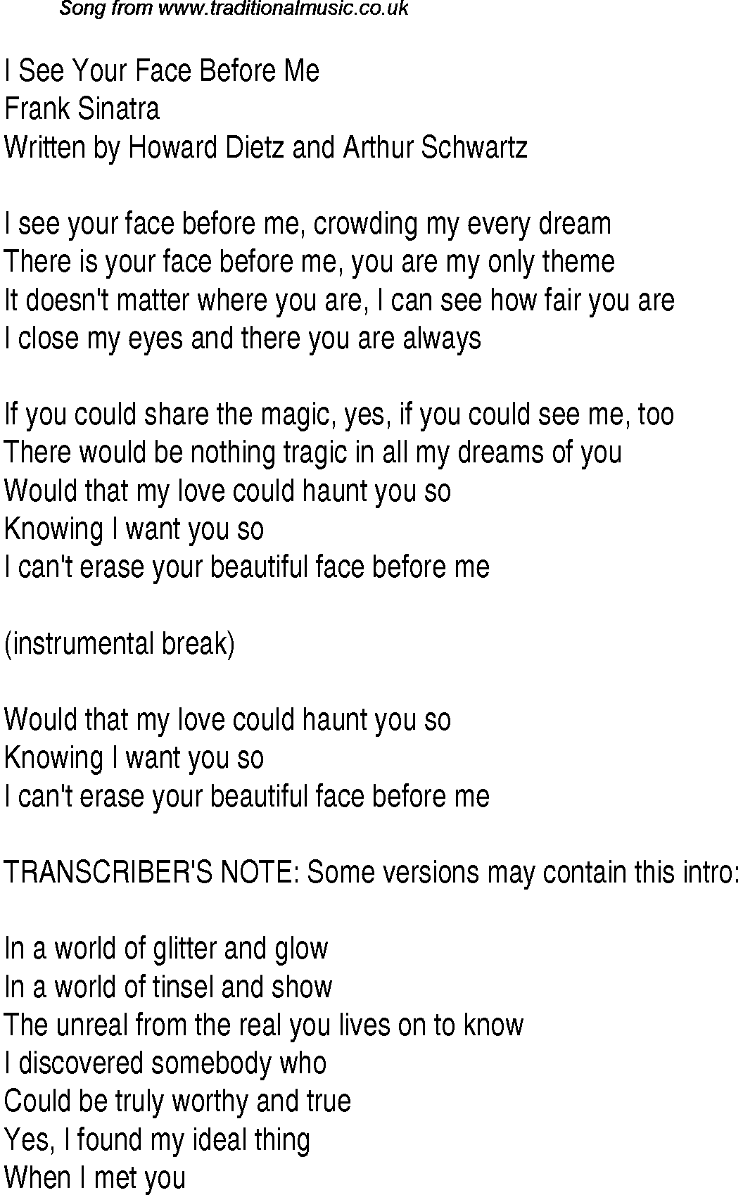 Music charts top songs 1938 - lyrics for I See Your Face Before Me