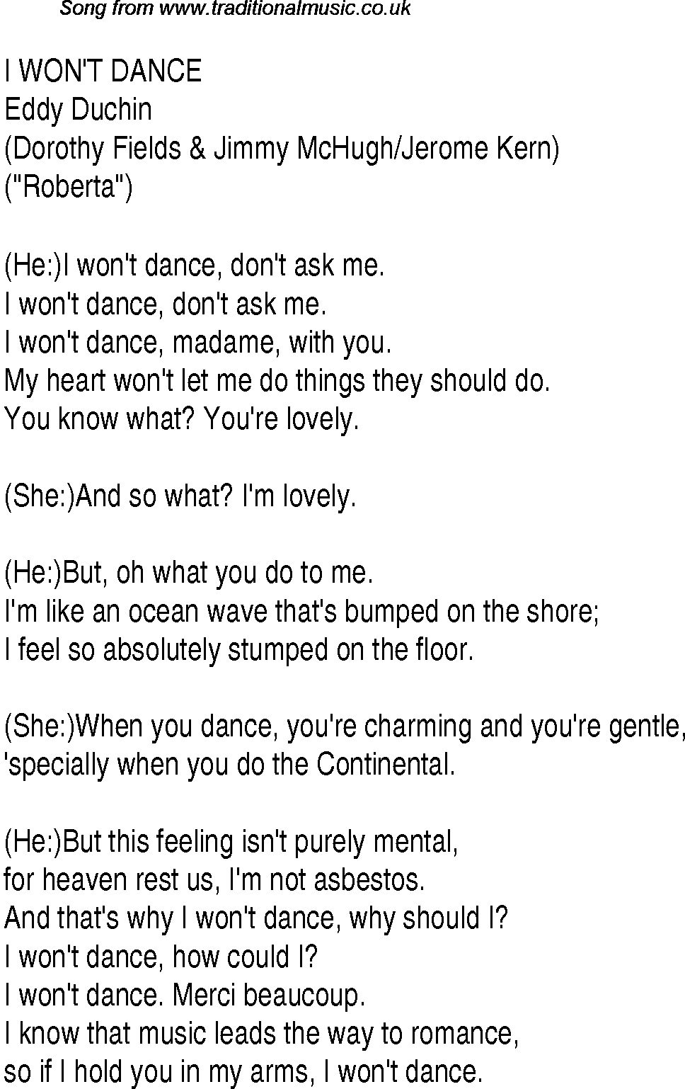 Music charts top songs 1935 - lyrics for I Wont Dance
