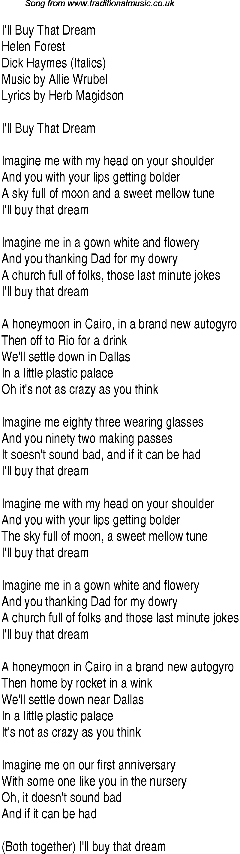 Music charts top songs 1945 - lyrics for Ill Buy That Dream