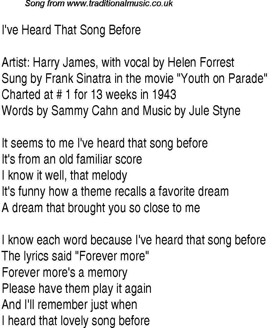 Music charts top songs 1943 - lyrics for Ive Heard That Song Before
