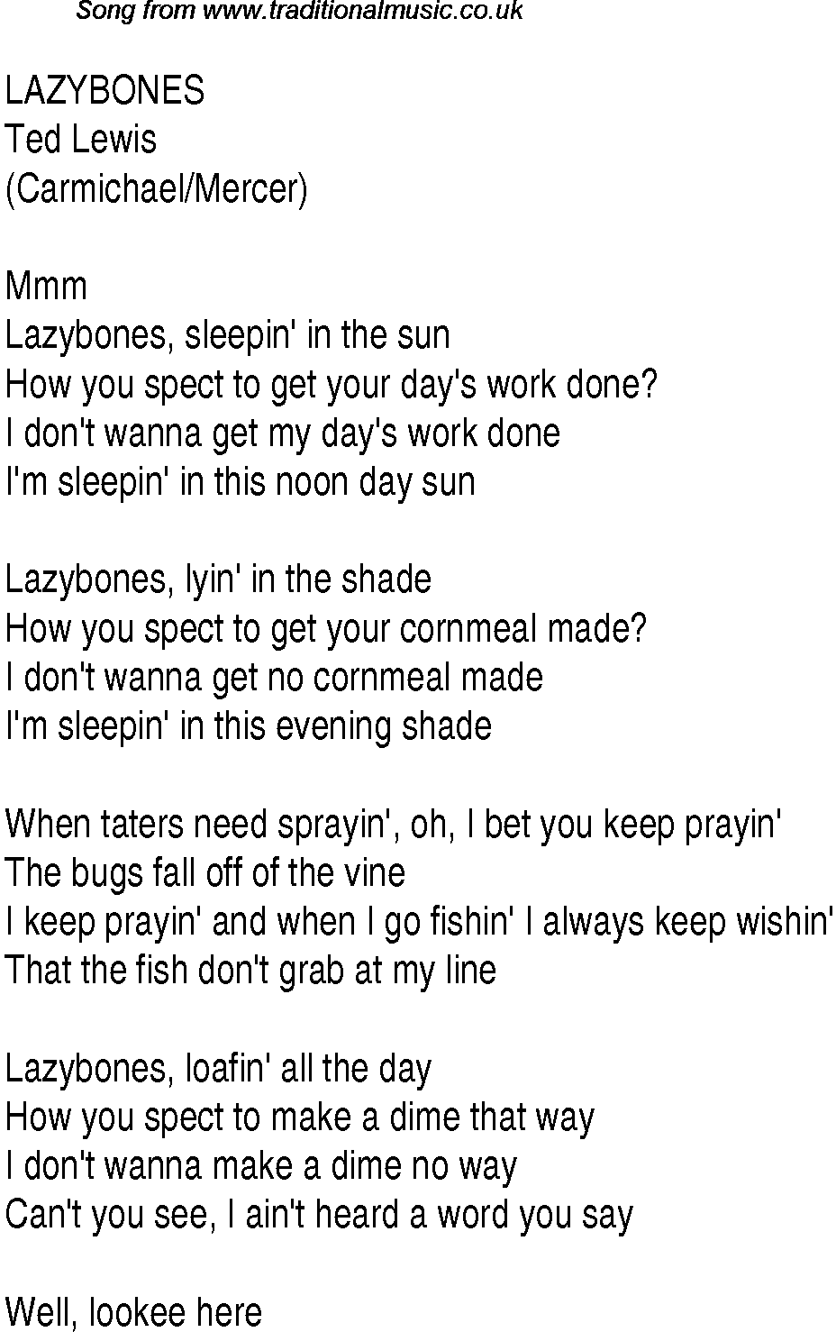 Music charts top songs 1933 - lyrics for Lazybones