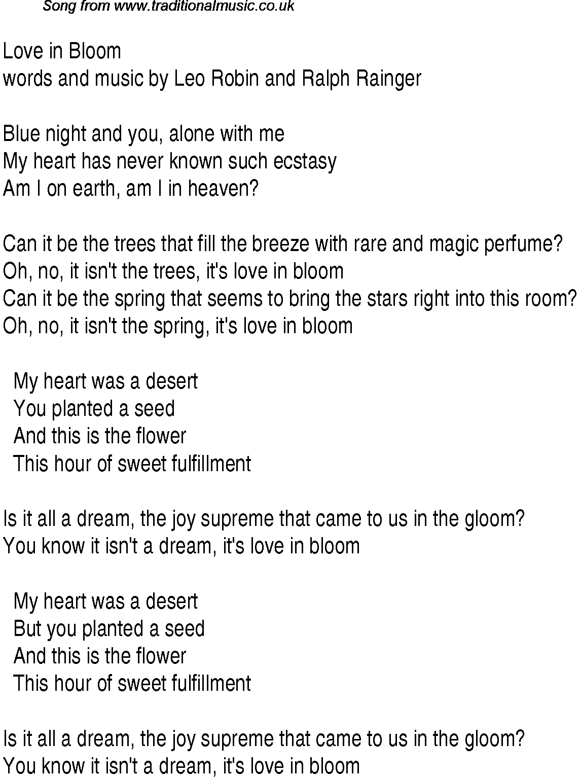 Music charts top songs 1934 - lyrics for Love In Bloom