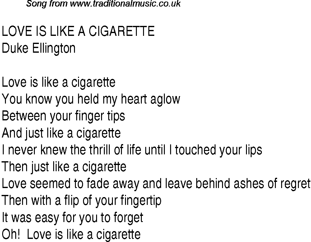 Music charts top songs 1936 - lyrics for Love Is Like A Cigarette