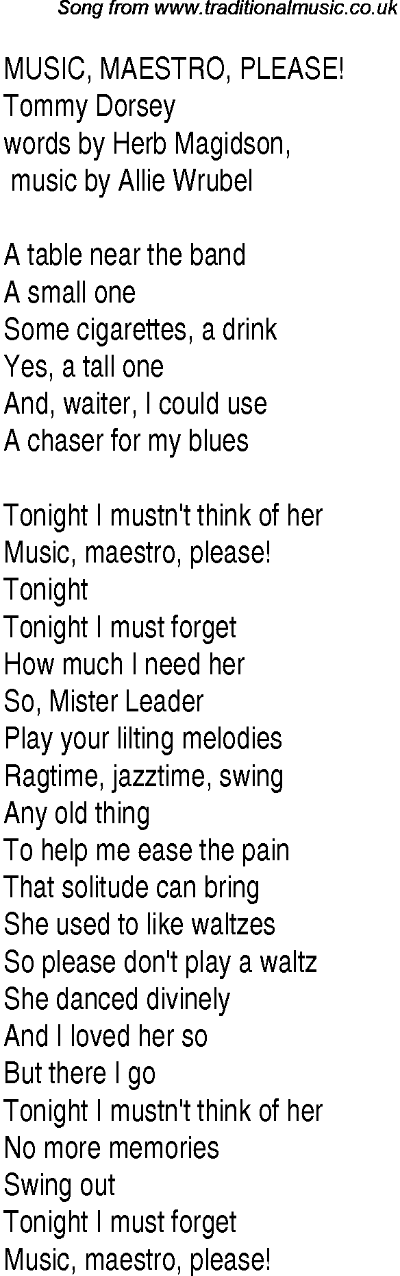 Music charts top songs 1938 - lyrics for Music Maestro Please