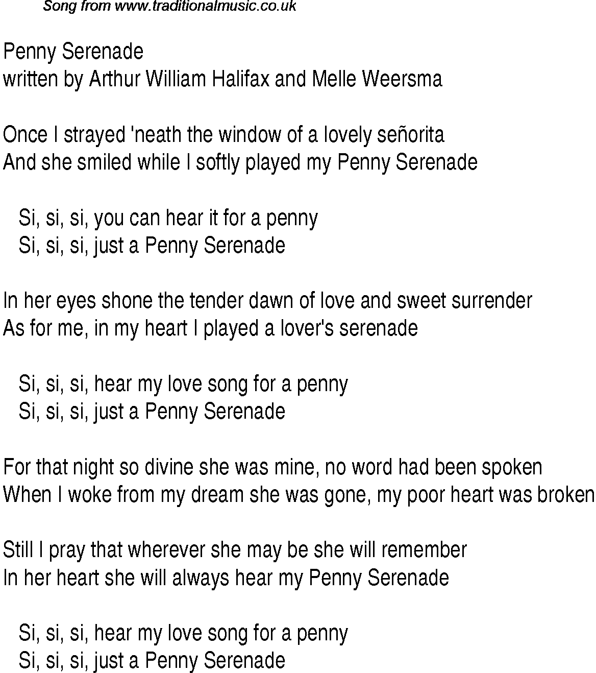 Music charts top songs 1939 - lyrics for Penny Serenade
