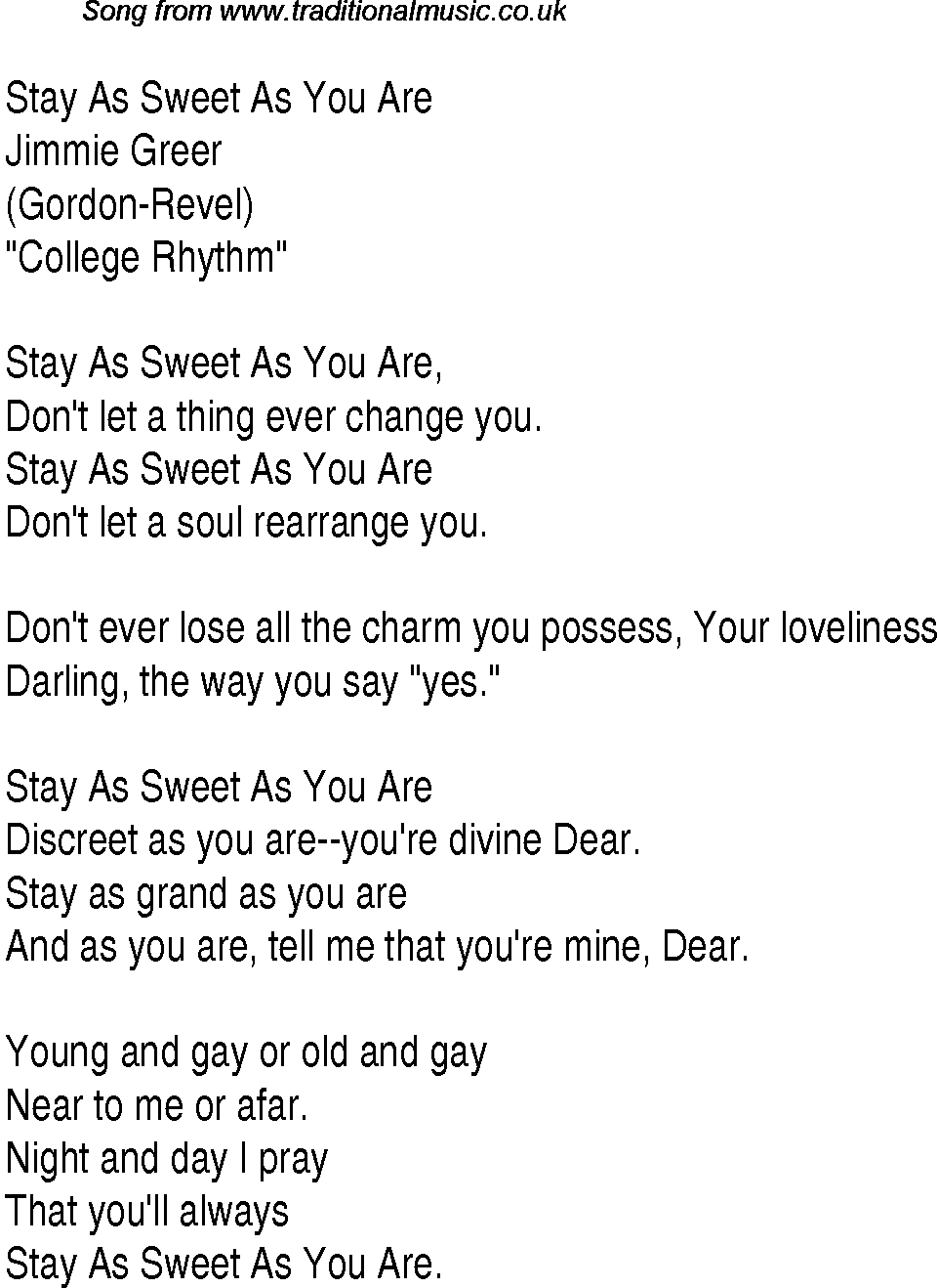 Music charts top songs 1934 - lyrics for Stay As Sweet As You Are