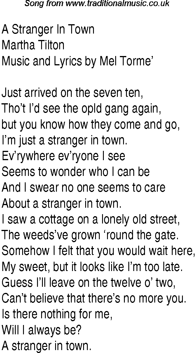 Music charts top songs 1945 - lyrics for Stranger In Townmt