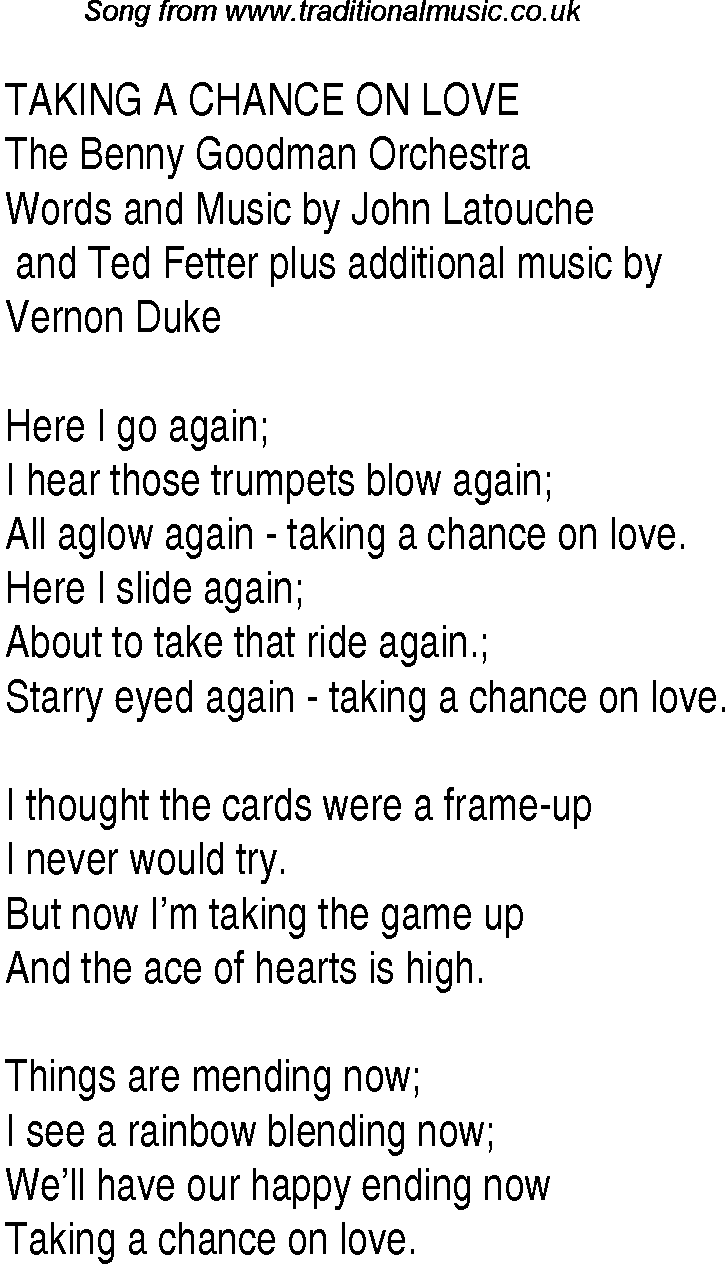 Music charts top songs 1943 - lyrics for Taking A Chance On Love