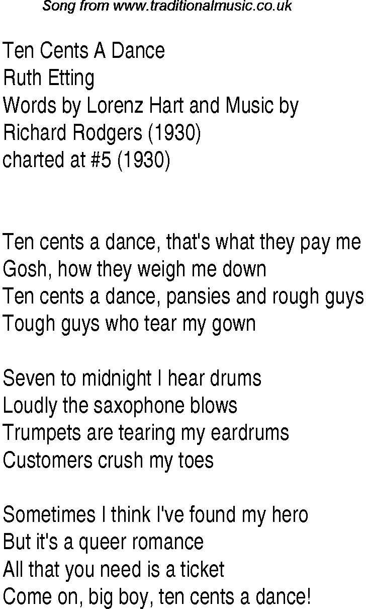 Music charts top songs 1930 - lyrics for Ten Cents A Dance
