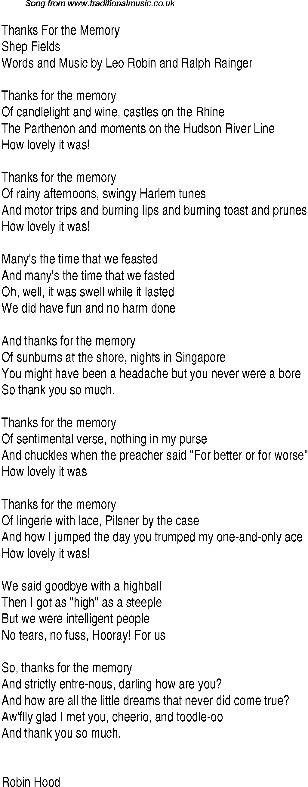 Music charts top songs 1938 - lyrics for Thanks For The Memory