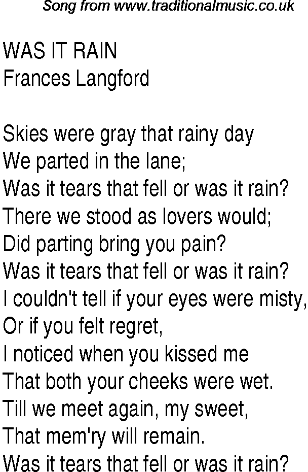 Music charts top songs 1937 - lyrics for Was It Rain