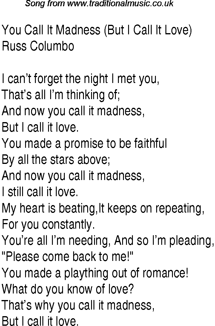 Music charts top songs 1931 - lyrics for You Call It Madness