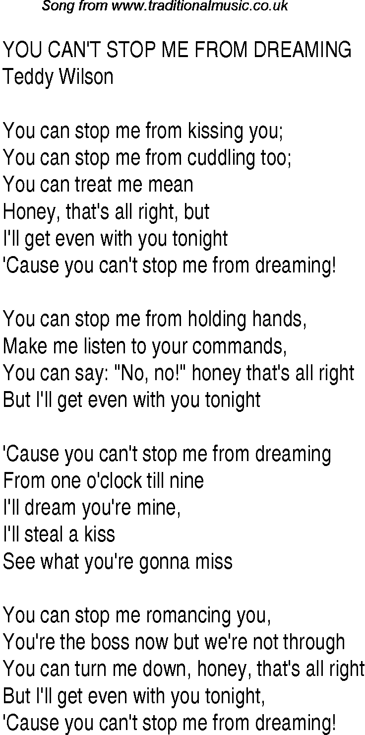 Music charts top songs 1937 - lyrics for You Cant Stop Me From Dreaming