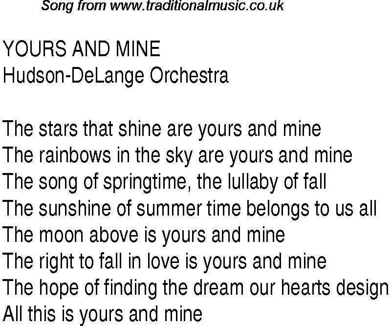 Music charts top songs 1937 - lyrics for Yours And Mine